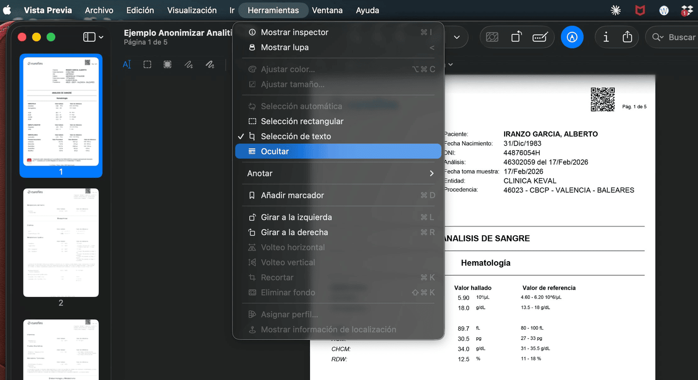 Captura del menú Herramientas de Vista Previa con la opción Ocultar destacada