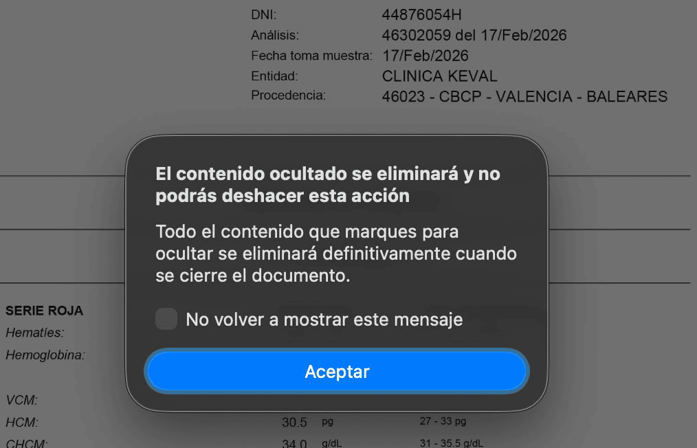 Cuadro de diálogo del sistema confirmando que el contenido ocultado se eliminará